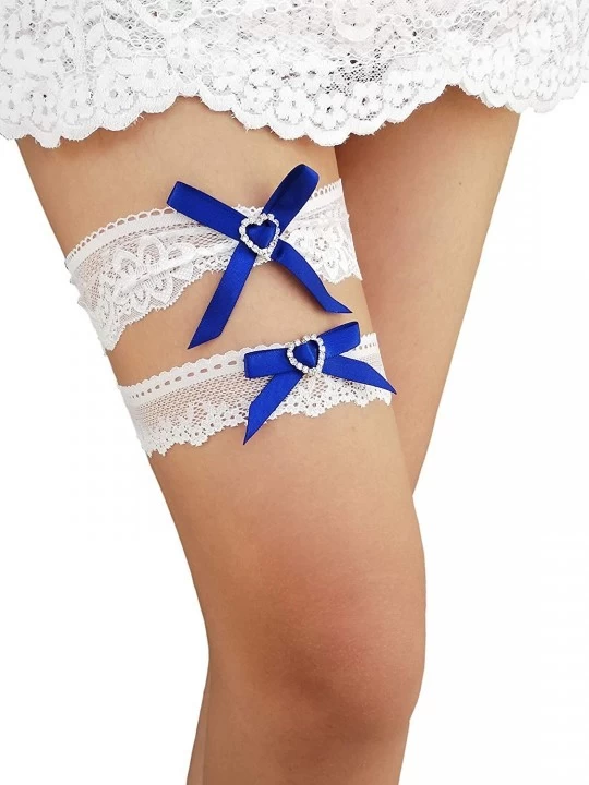 Garters & Garter Belts Bridal Lace Garter Set Rhinestone Wedding Bow Garter Set G38 - Royal Blue - C318D80R28O $12.21