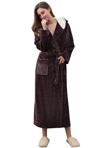 Robes Women Lengthened Coralline Plush Shawl Bathrobe Long Sleeve Robe Hooded Cap Coat - Coffee - CB194IZG82W $79.57