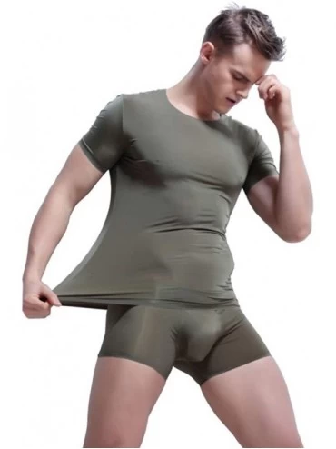 Undershirts Mens Smooth Ice Silk Cool Seamless Short Sleeve Top Tee - Navy Green - CB188ROX9NU $28.37