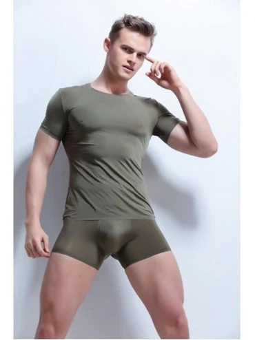 Undershirts Mens Smooth Ice Silk Cool Seamless Short Sleeve Top Tee - Navy Green - CB188ROX9NU $17.32