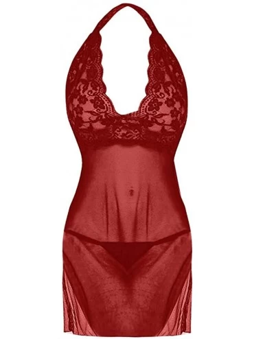 Bustiers & Corsets Women Sling Lace Lingerie Pajamas Sexy Halter Nightdress Underwear Set - Wine - CI196GU473G $8.70