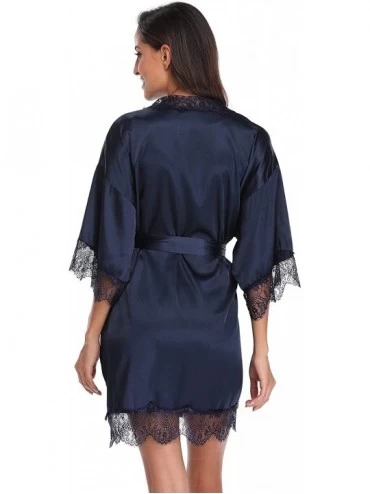 Robes Women's Satin Kimono Robes with Lace Sexy Lingerie Bath Robes Short Bridesmaids Nightwear with Pockets - Navy - CU18I3C...