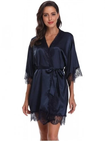 Robes Women's Satin Kimono Robes with Lace Sexy Lingerie Bath Robes Short Bridesmaids Nightwear with Pockets - Navy - CU18I3C...