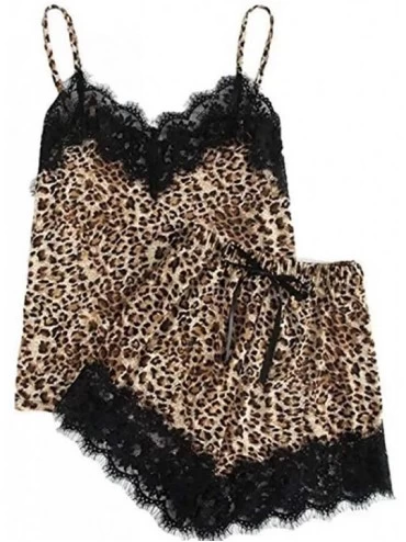 Sets Women's Lace Satin Sleepwear Leopard Print Cami Top and Shorts Pajama Set - A-gold - CU193G9ARGS $20.08