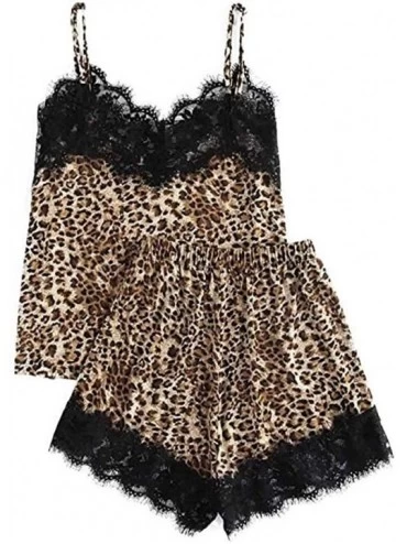 Sets Women's Lace Satin Sleepwear Leopard Print Cami Top and Shorts Pajama Set - A-gold - CU193G9ARGS $10.57