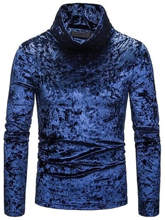 Thermal Underwear Men Fall & Winter Fleece Slim Fit Long Sleeve Velvet Turtleneck T-Shirt Tee - Navy Blue - CV190U9H28R $21.57
