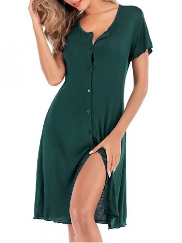 Nightgowns & Sleepshirts Women's Nightshirt- Short Sleeve Nightgown V Neck Button Down Pajama Dress - Deepgreen - C2199S38C4S...