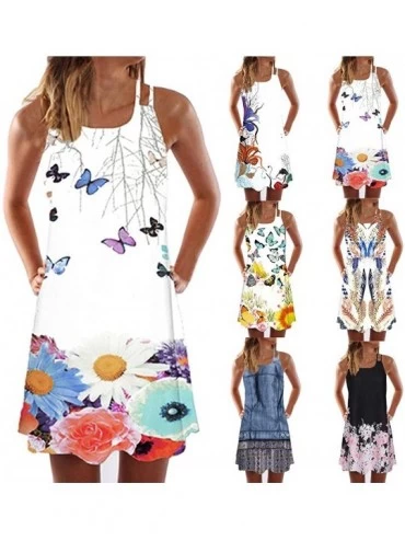 Shapewear Summer Dresses for Women Beach 3D Butterfly Floral Print Sleeveless Vintage Bohe Tank Short Mini Dress - Ya-white -...