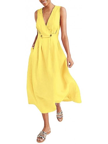 Nightgowns & Sleepshirts Women Bohemian Fashion V-Neck Pure Color Vest Sleeveless Button Easy Summer Beach Dress Mid-Calf - Y...