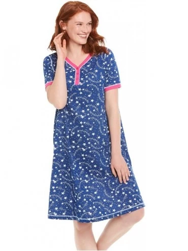 Nightgowns & Sleepshirts Women's Plus Size Short Henley Sleepshirt Nightgown - Evening Blue Stars (1342) - CP19DD6KQUX $47.84