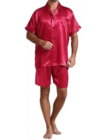 Sleep Sets Men's Satin Silky Pajamas Set Short Sleeve Button Shirt Tops + Shorts Pants Summer Sleepwear Homewear - Red - CW19...