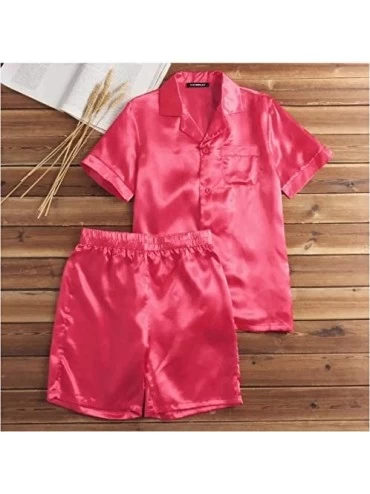 Sleep Sets Men's Satin Silky Pajamas Set Short Sleeve Button Shirt Tops + Shorts Pants Summer Sleepwear Homewear - Red - CW19...