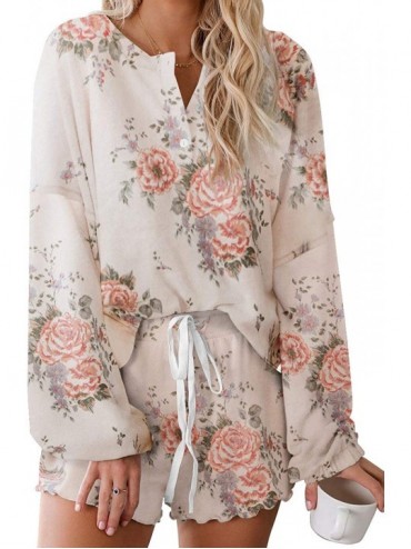 Sets 2020 Women Tie Dye 1/4 Button Long Sleeve Pajama Sets Ruffle Sleepwear Front Drawstring Nightwear Loungewear Floral 2 - ...