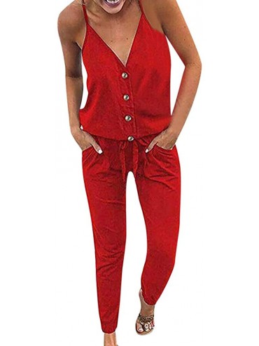 Thermal Underwear Women Summer Rompers Sexy Strap V Neck Waistband Lace-up Long Pants Jumpsuits - Red - C318S737LX2 $42.23