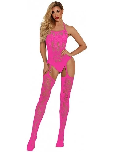 Baby Dolls & Chemises Women's Mesh Lingerie Hollow Fishnet Babydoll Elegant Underwear Breathable Nightwear - Hot Pink - CA19C...