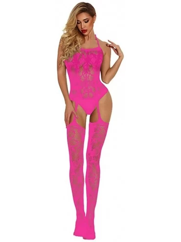 Baby Dolls & Chemises Women's Mesh Lingerie Hollow Fishnet Babydoll Elegant Underwear Breathable Nightwear - Hot Pink - CA19C...