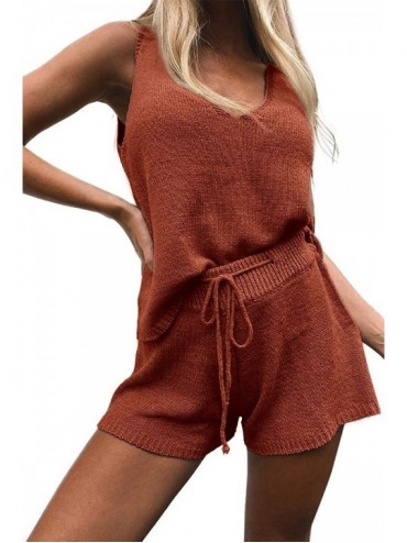Sets Women's Two Piece Outfits Backless Tank Tops and Drawstring Shorts Summer Knit Sets Sleeveless Rompers - Rust Red - CU19...