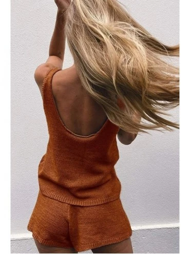Sets Women's Two Piece Outfits Backless Tank Tops and Drawstring Shorts Summer Knit Sets Sleeveless Rompers - Rust Red - CU19...