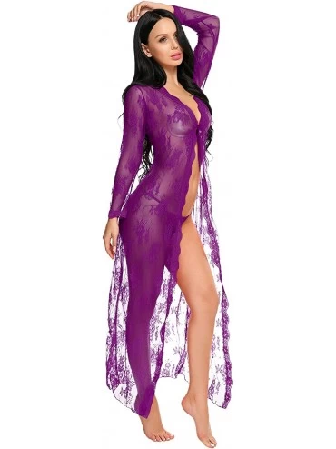 Nightgowns & Sleepshirts Lingerie for Women Sexy Long Lace Dress Sheer Gown See Through Kimono Robe - Purple - C918S3279DH $1...