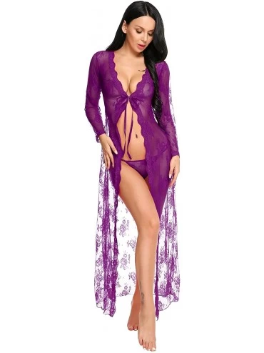 Nightgowns & Sleepshirts Lingerie for Women Sexy Long Lace Dress Sheer Gown See Through Kimono Robe - Purple - C918S3279DH $1...