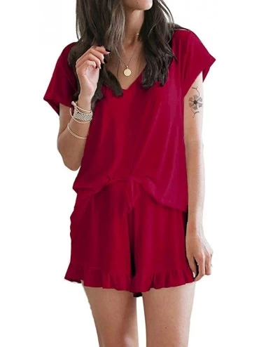 Sets Womens Short Pajama Set Loose Top and Shorts Sleepwear Nightwear Loungewear PJ Set - Solid Color-red - CG19CKUCDRN $48.47