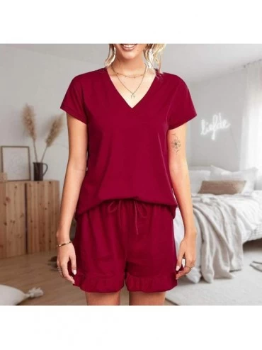 Sets Womens Short Pajama Set Loose Top and Shorts Sleepwear Nightwear Loungewear PJ Set - Solid Color-red - CG19CKUCDRN $25.21