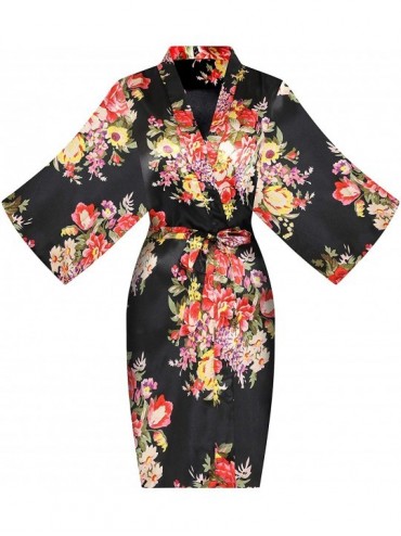 Robes Women's One Size Floral Silky Short Kimono Robe for Bride Bridesmaid Getting Ready - Black - C718L4X5D2N $25.49