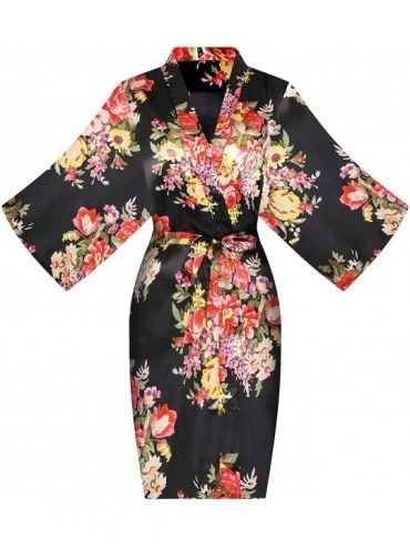 Robes Women's One Size Floral Silky Short Kimono Robe for Bride Bridesmaid Getting Ready - Black - C718L4X5D2N $24.83