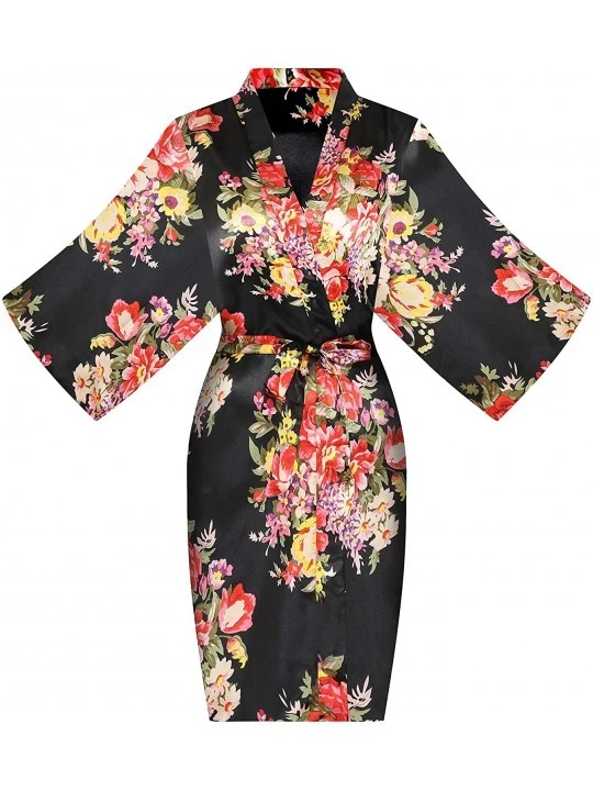Robes Women's One Size Floral Silky Short Kimono Robe for Bride Bridesmaid Getting Ready - Black - C718L4X5D2N $10.93