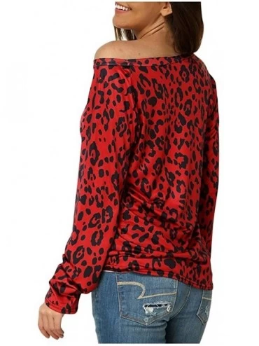 Slips Women's Printed Casual Blouse- Loose Plus Size Solid Color Round Neck T-Shirt Tops - Red - C7195Y8840L $24.75