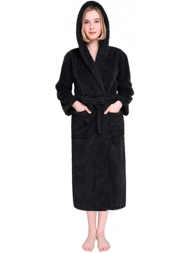 Robes Womens Hooded Robes Plush Bathrobe Warm Fleece Robe - Black - CR18HU3RMX0 $52.15