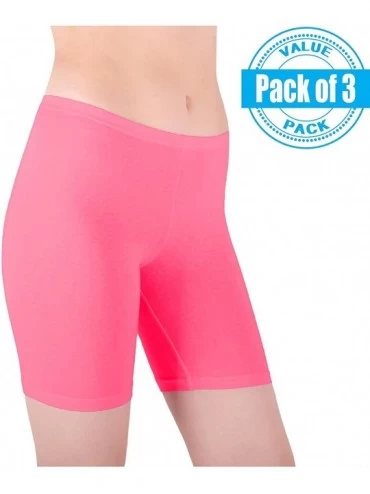 Panties Slip Shorts | 3-Pack Bike Shorts | Semi-Sheer Cotton Spandex Stretch Boyshorts for Yoga/Workouts - Deep Pink - CV12IG...