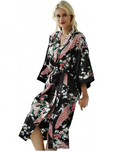 Robes Women Kimono Robe Long Kimono Sleepwear Satin Kimono Nightgown Kimono Bathrobes Wedding Kimono for Bridal Party Black -...