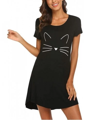 Nightgowns & Sleepshirts Womens Nightgowns Short Sleeve Sleepwear Night Dress Cute Nightgowns - Black - C819974THYH $13.18