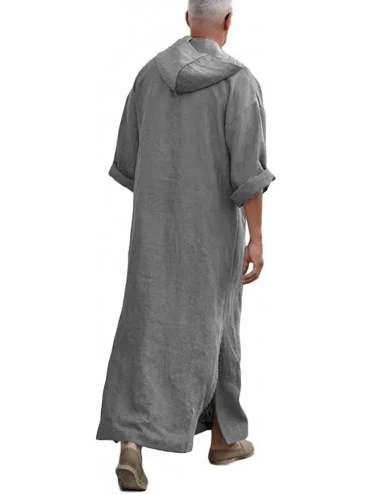 Robes Mens Kaftan Hooded Robe Linen Loungewear V Neck Long Night Gown Shirt Thobe - A-gray - C318RGQYZNT $48.97