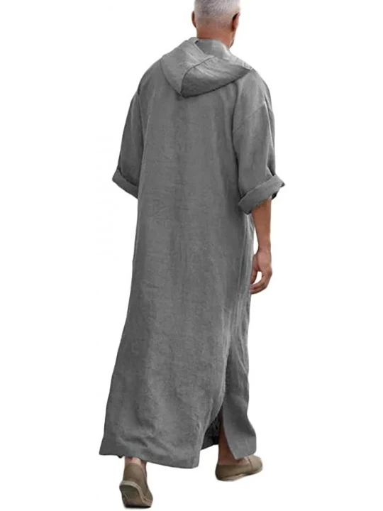 Robes Mens Kaftan Hooded Robe Linen Loungewear V Neck Long Night Gown Shirt Thobe - A-gray - C318RGQYZNT $24.49