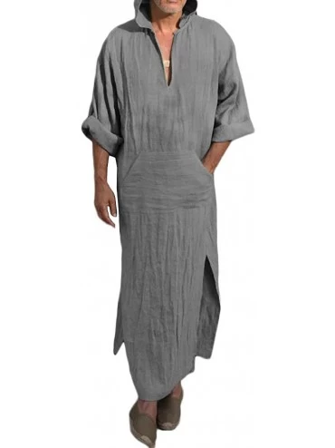 Robes Mens Kaftan Hooded Robe Linen Loungewear V Neck Long Night Gown Shirt Thobe - A-gray - C318RGQYZNT $24.49