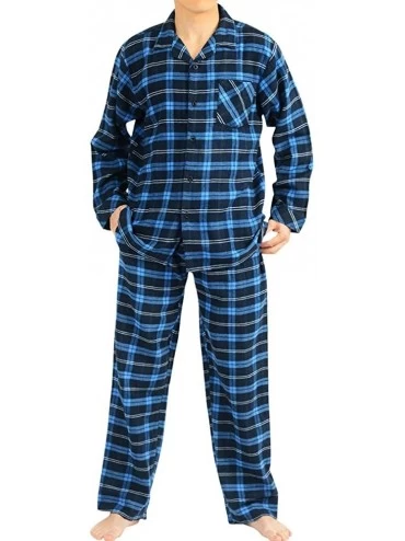 Sleep Sets Flannel Pajamas for Men - Top & Pants/Bottoms Soft Durable Brushed Cotton - Royal-navy Plaid - C718L3DGRWY $45.63