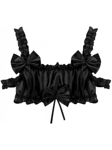 Bikinis Sissy Men's Frilly Satin Training Bra Wire-Free Bralette Cross Dresser Crop Top - Black - CF18RYX29TK $14.15