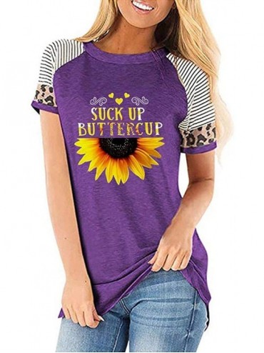 Tops Women's Sunflower Leopard Patchwork Short Sleeve O-Neck Print Casual Top T-Shirt - Purple - C5197MEG08Y $11.26