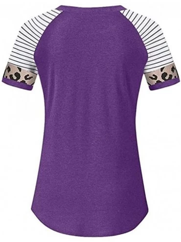 Tops Women's Sunflower Leopard Patchwork Short Sleeve O-Neck Print Casual Top T-Shirt - Purple - C5197MEG08Y $11.26