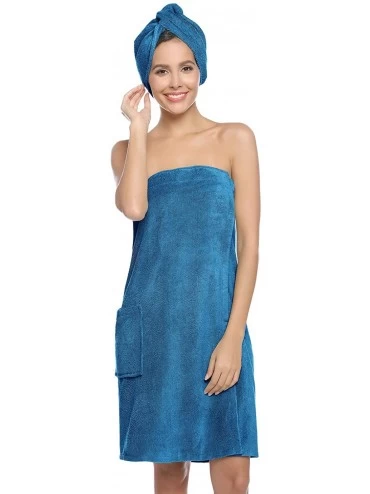 Robes Women Bath Wrap Spa Towel with Hair Towel Adjustable Closure Shower Robes - Deep Sky Blue - C219DL5YO8Z $50.82