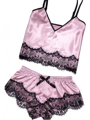 Shapewear Women Sleepwear Sleeveless Strap Nightwear Lace Trim Satin Cami Top Pajama Sets - H-pink - C718UR6LS6Y $26.29