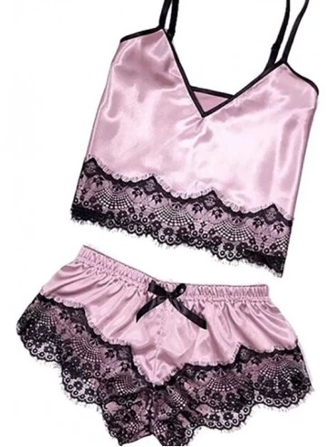 Shapewear Women Sleepwear Sleeveless Strap Nightwear Lace Trim Satin Cami Top Pajama Sets - H-pink - C718UR6LS6Y $11.75