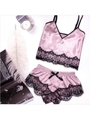 Shapewear Women Sleepwear Sleeveless Strap Nightwear Lace Trim Satin Cami Top Pajama Sets - H-pink - C718UR6LS6Y $11.75