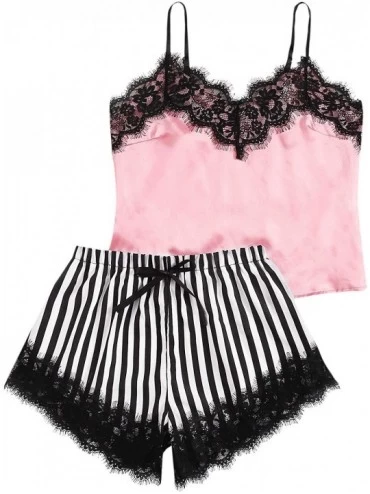 Sets Women's Satin Lace Cami Top and Shorts Pajama Set - Pink - CP18WID24XO $32.18