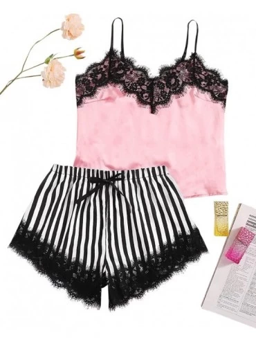 Sets Women's Satin Lace Cami Top and Shorts Pajama Set - Pink - CP18WID24XO $20.00