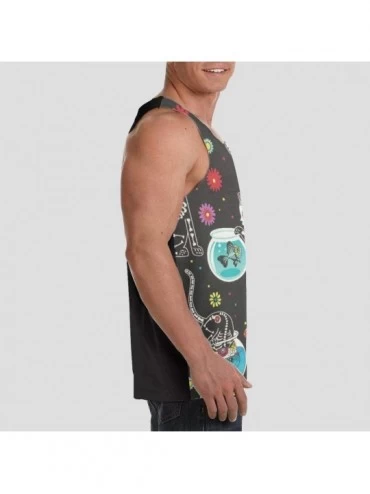 Undershirts Men's Soft Tank Tops Novelty 3D Printed Gym Workout Athletic Undershirt - Sugar Skull Skeleton Cat and Fish Black...
