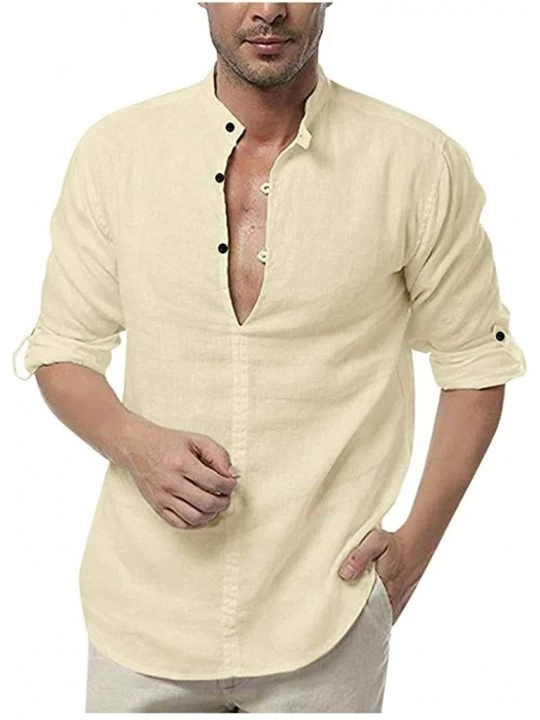 Thermal Underwear Mens Vintage Solid Shirt- Cotton Linen Henley Casual Roll Tab V-Neck Blouse Baggy Yoga Beach Tops - Khaki -...