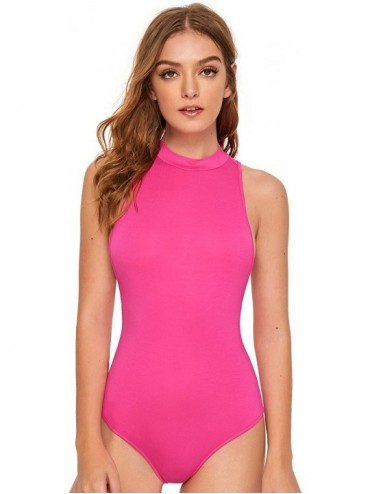 Shapewear Women's Sleeveless Mock Neck Leotard Jumpsuit Bodice Bodysuit Tops - Hot Pink - CK18IS02RAX $19.55